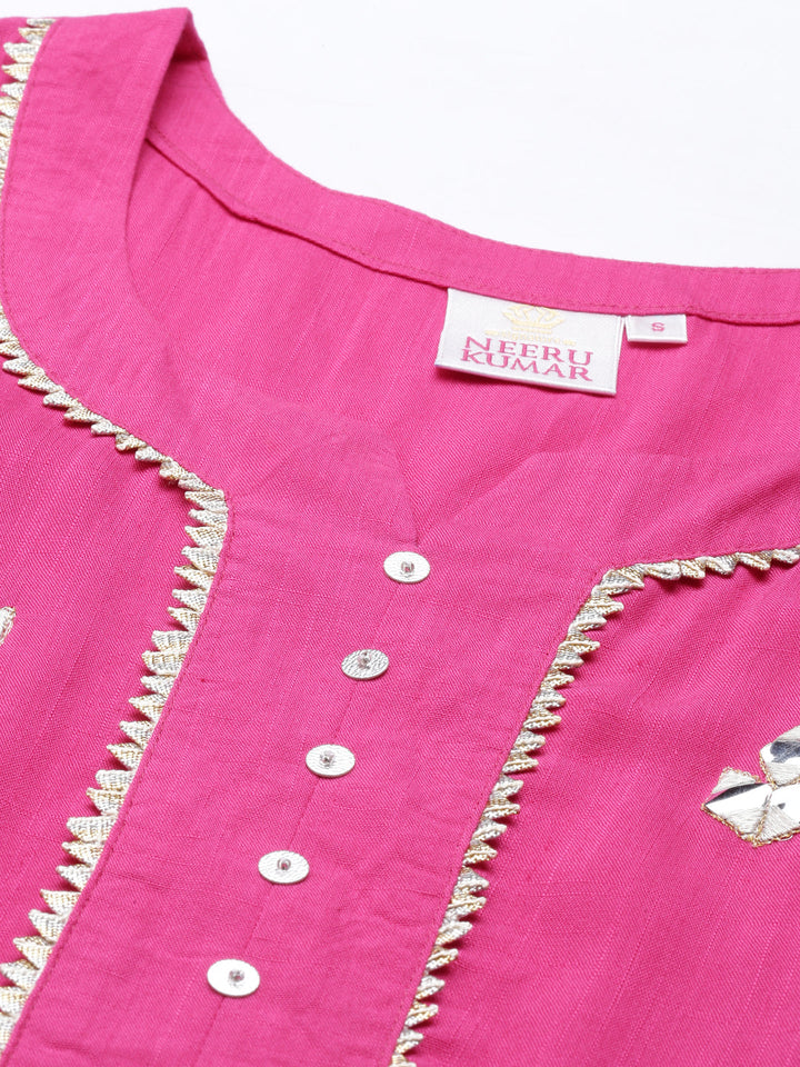 Neerus Pink rayon mirror work kurti - detail view 3