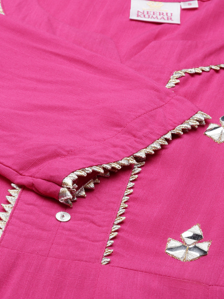 Neerus Pink rayon mirror work kurti - detail view 4