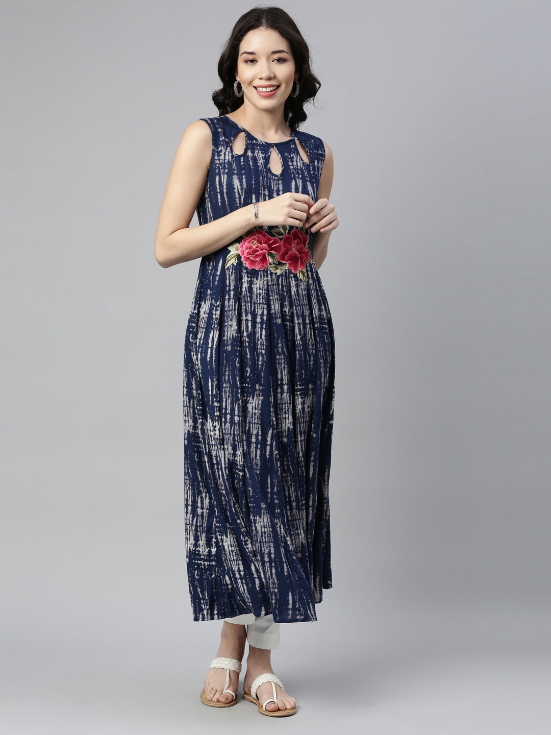 Neerus Blue Rayon Printed A-Line Kurta - detail view 3
