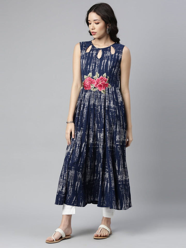 Neerus Blue Rayon Printed A-Line Kurta - front view