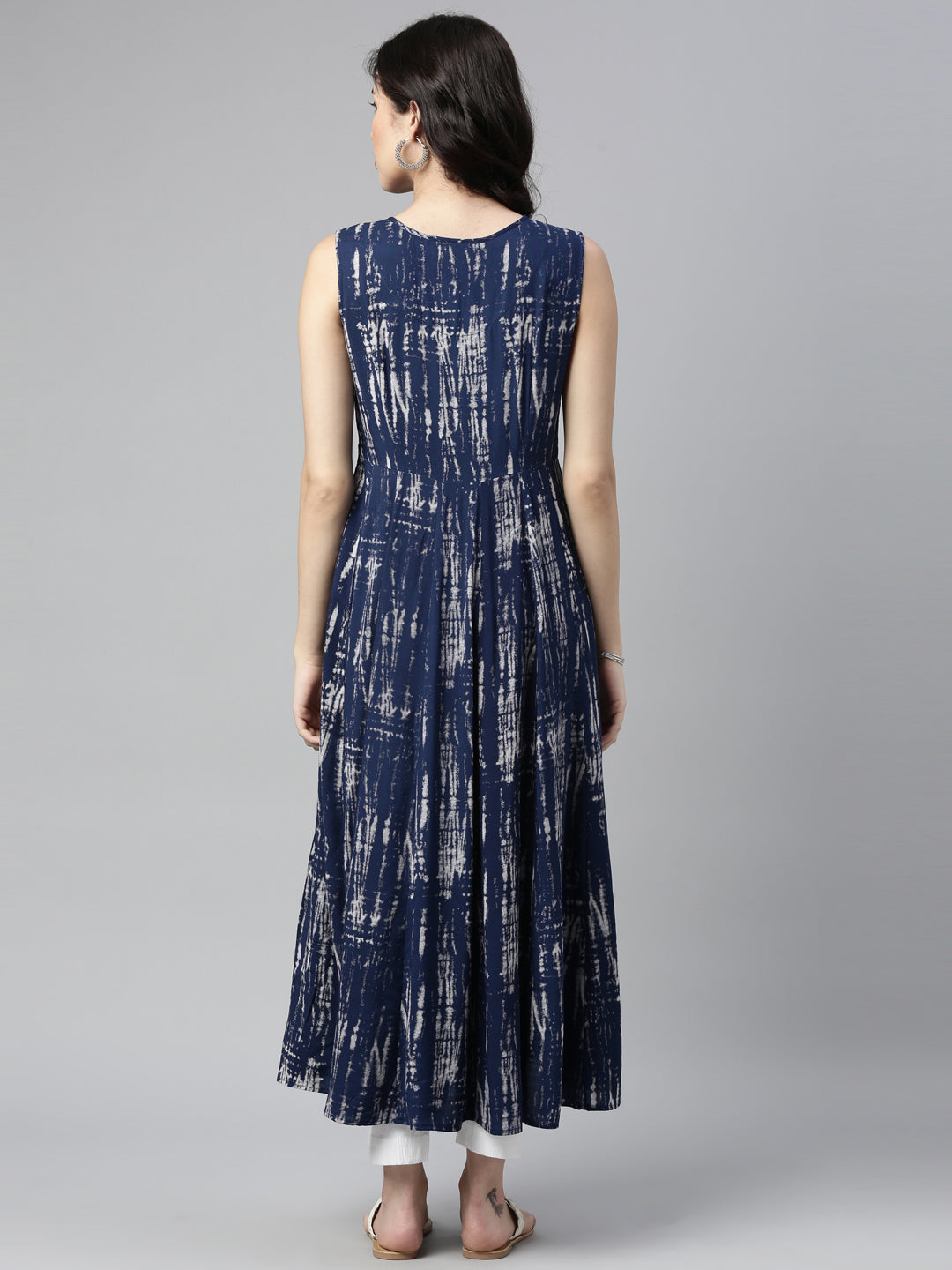 Neerus Blue Rayon Printed A-Line Kurta - back view