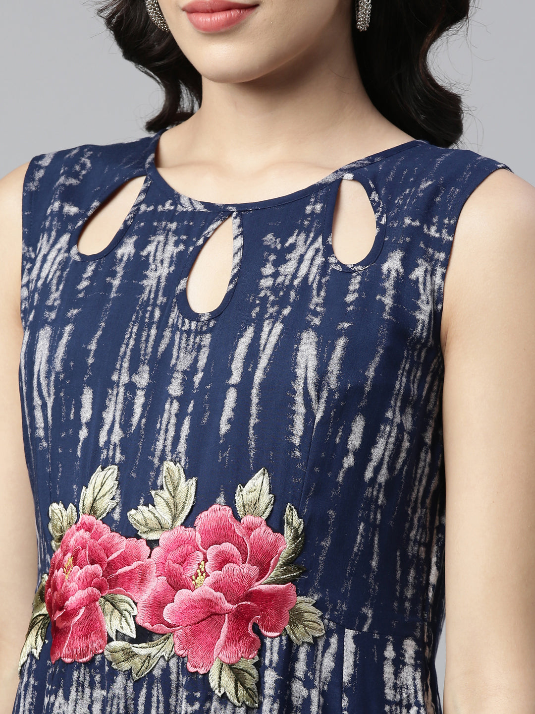 Neerus Blue Rayon Printed A-Line Kurta - side view