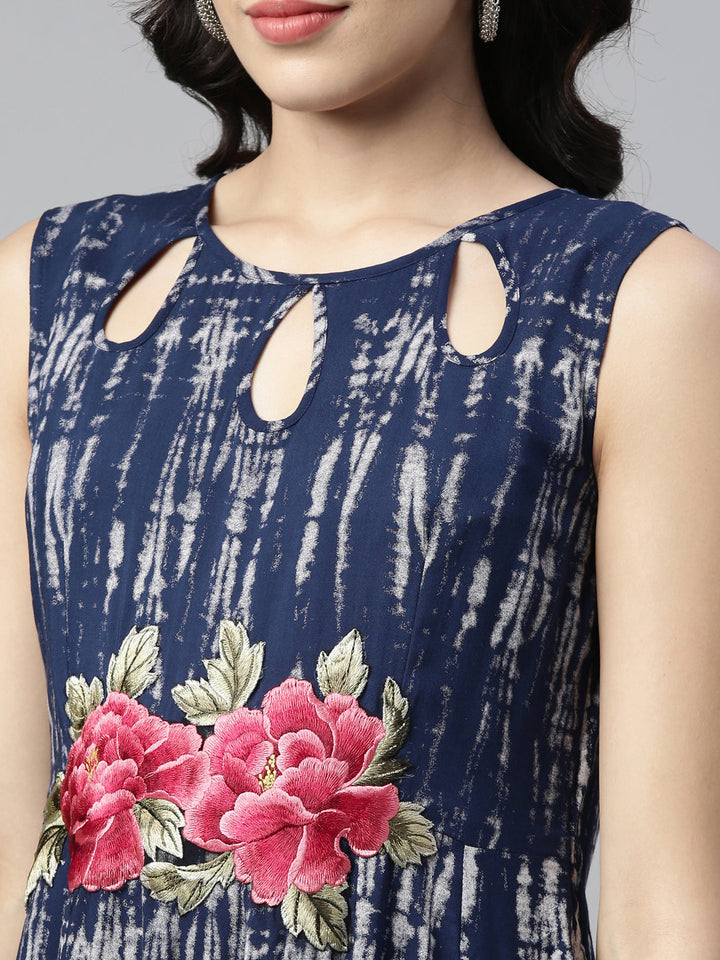 Neerus Blue Rayon Printed A-Line Kurta - side view