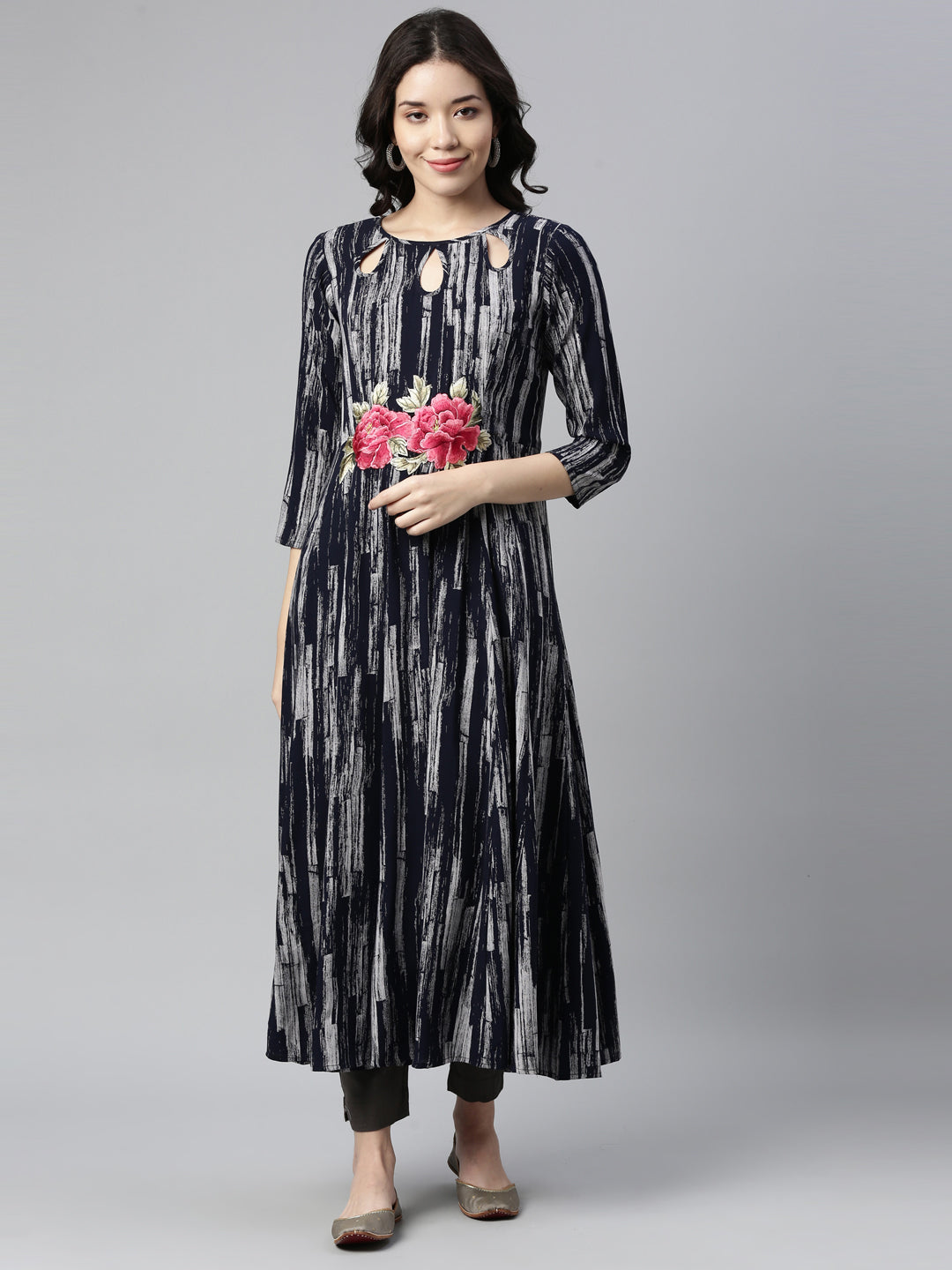 Neerus Blue Rayon Printed A-Line Kurta - detail view 3