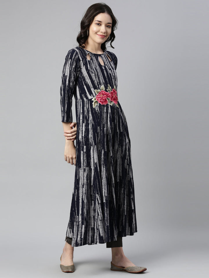 Neerus Blue Rayon Printed A-Line Kurta - front view