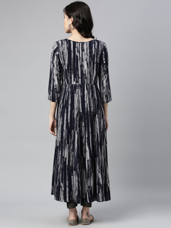 Neerus Blue Rayon Printed A-Line Kurta - back view