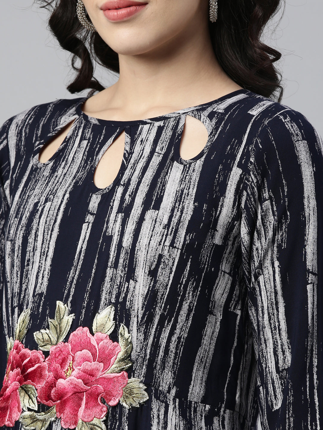 Neerus Blue Rayon Printed A-Line Kurta - side view