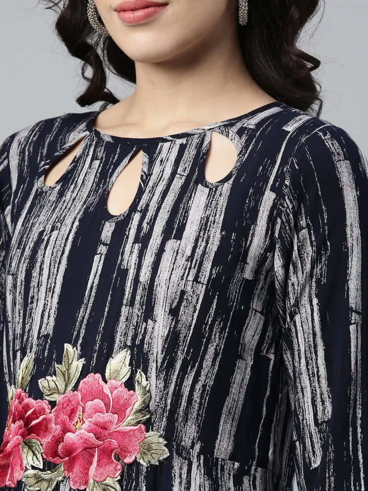 Neerus Blue Rayon Printed A-Line Kurta - side view