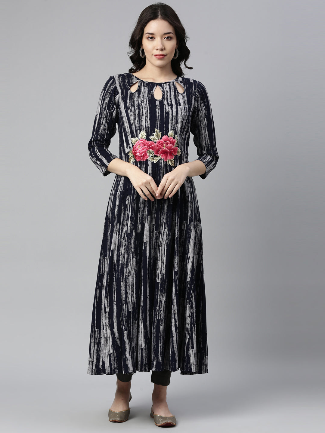 Neerus Blue Rayon Printed A-Line Kurta - detail view 1