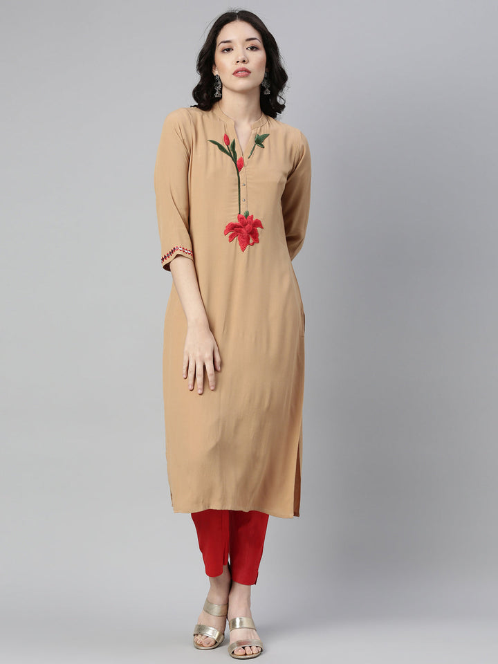 Neerus Beige georgette solid straight kurti - detail view 5