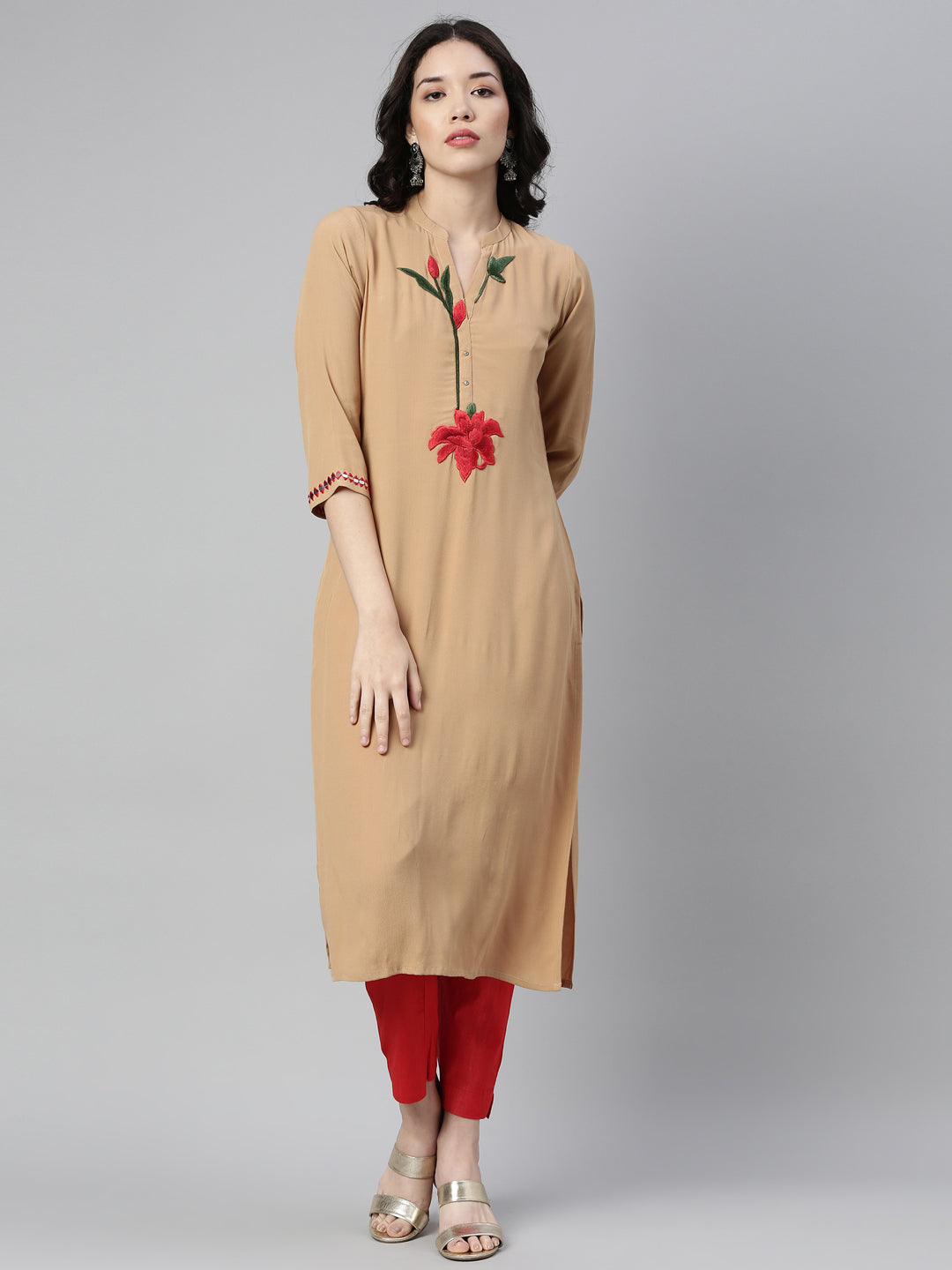 Neerus Beige georgette solid straight kurti - front view