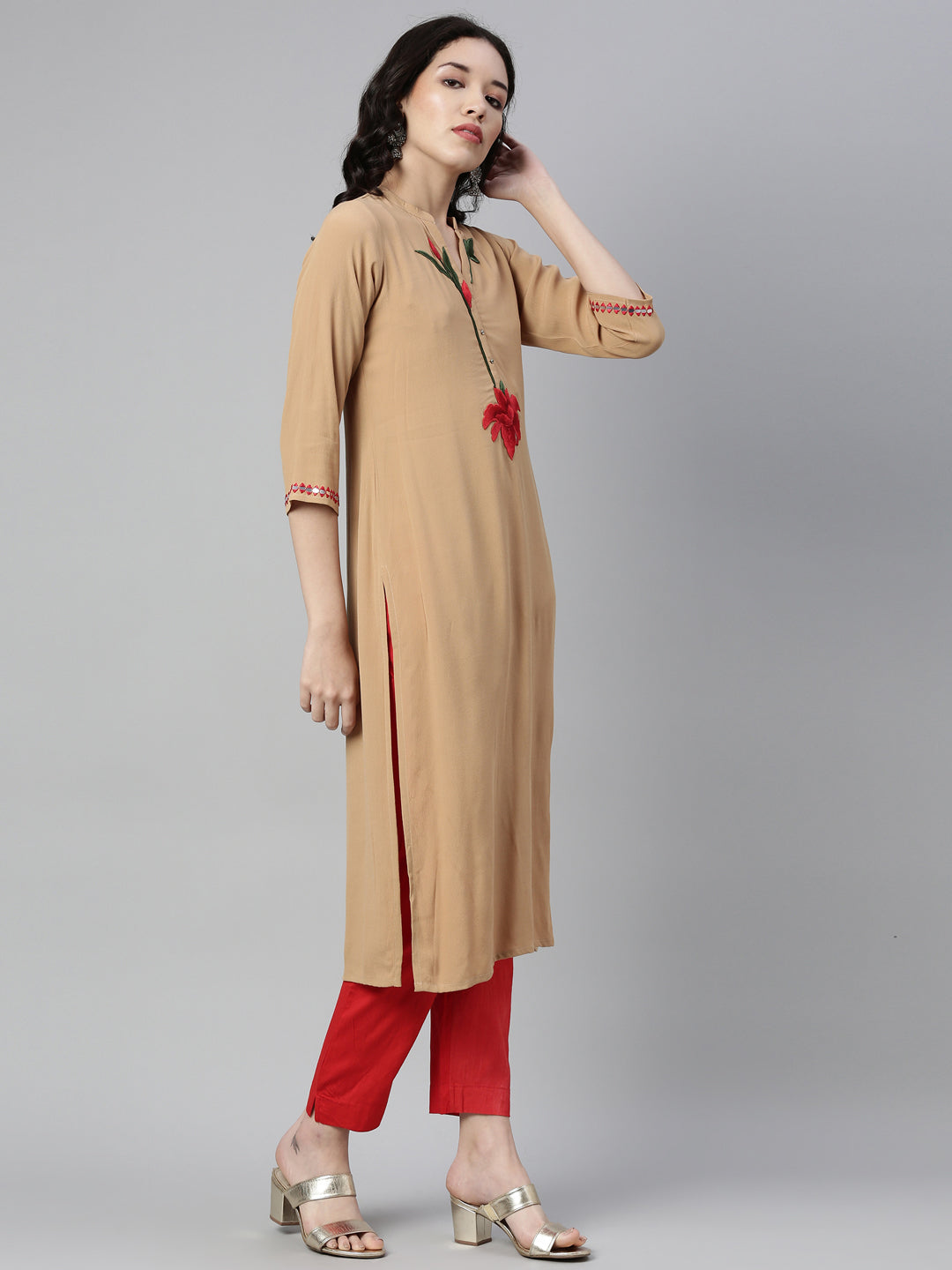 Neerus Beige georgette solid straight kurti - back view