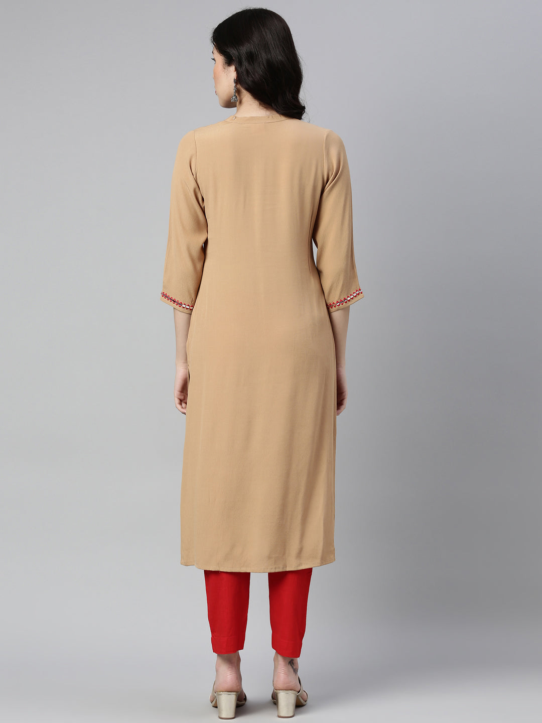 Neerus Beige georgette solid straight kurti - side view