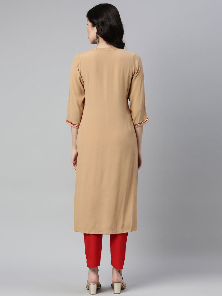 Neerus Beige georgette solid straight kurti - side view