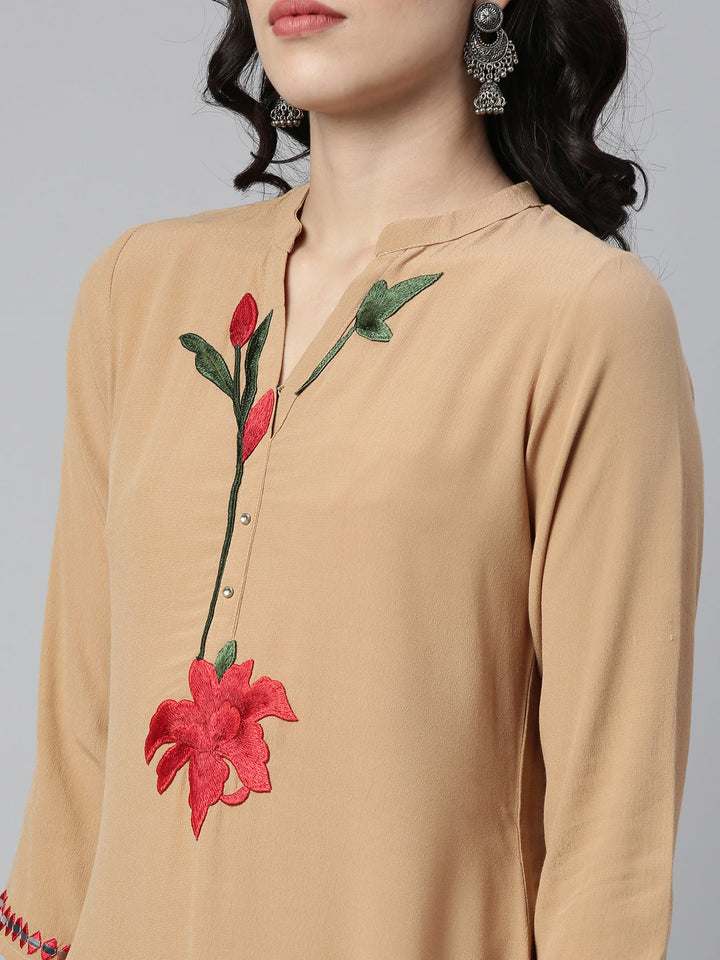 Neerus Beige georgette solid straight kurti - detail view 1