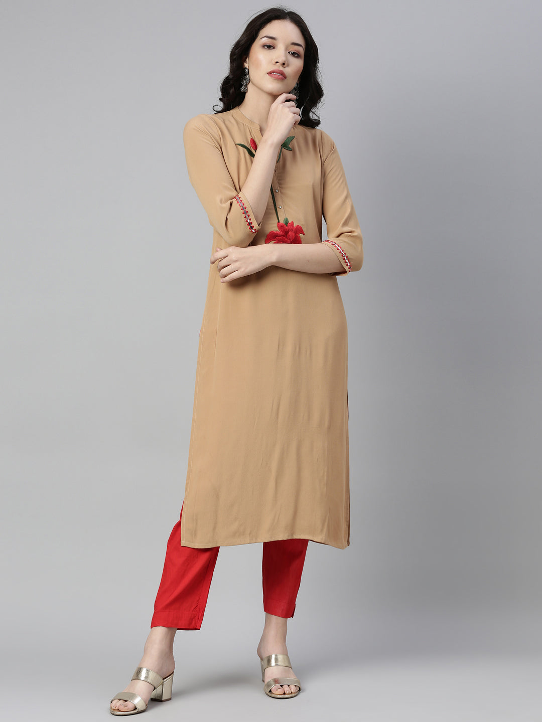 Neerus Beige georgette solid straight kurti - detail view 2