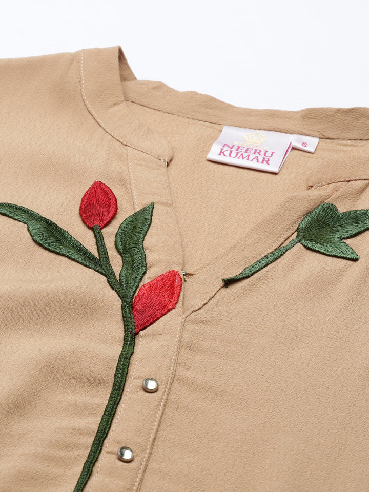 Neerus Beige georgette solid straight kurti - detail view 3