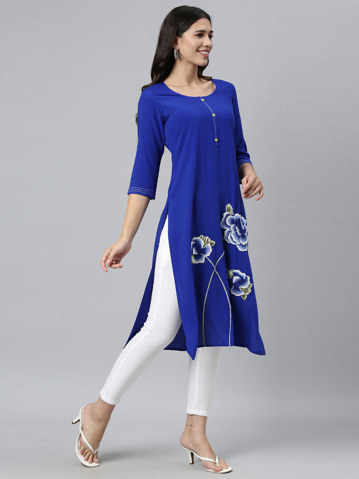 Neerus Blue Viscose Rayon Printed Kurta - front view