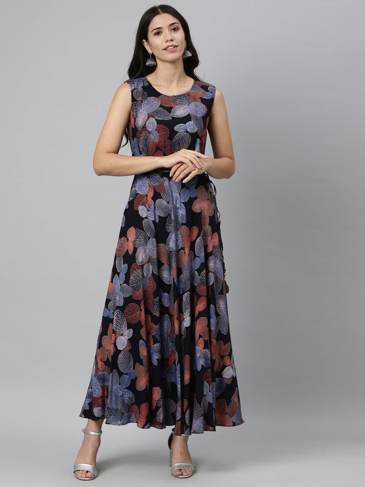 Neerus Blue rayon printed kurta A-line silhouette - front view