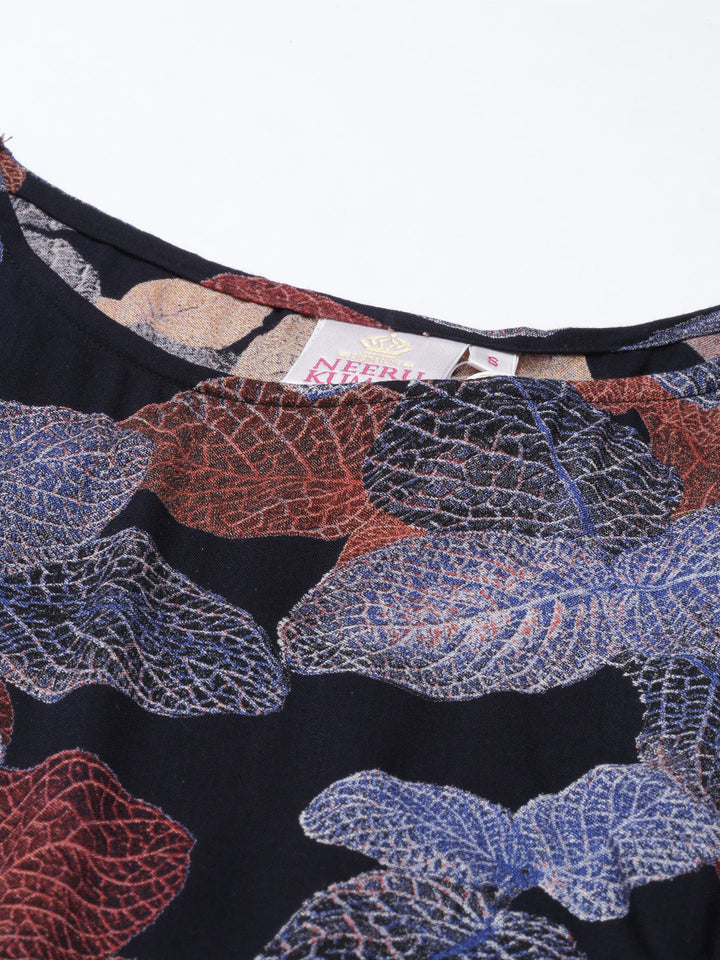 Neerus Blue rayon printed kurta A-line silhouette - detail view 4