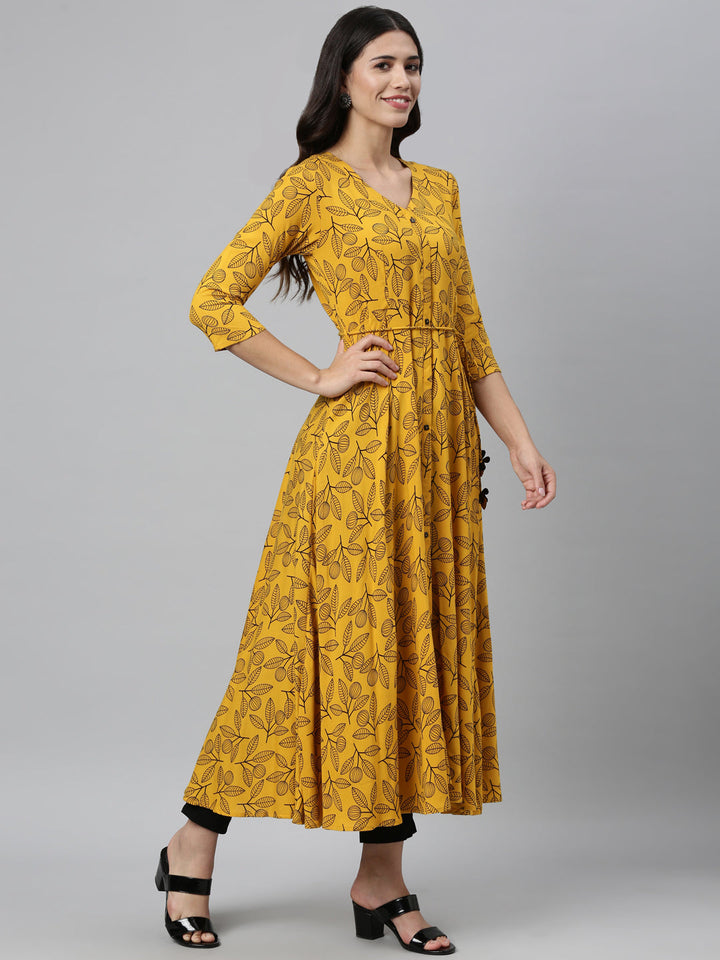 Neerus Yellow rayon printed kurta - front view