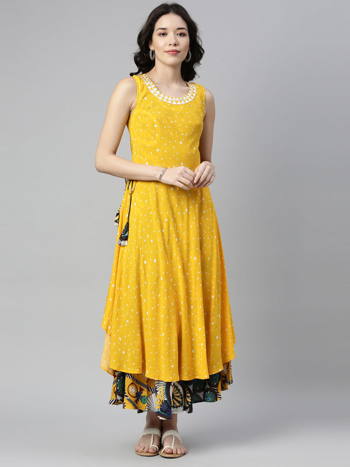 Neerus Yellow rayon mirror work A-line kurti - detail view 3