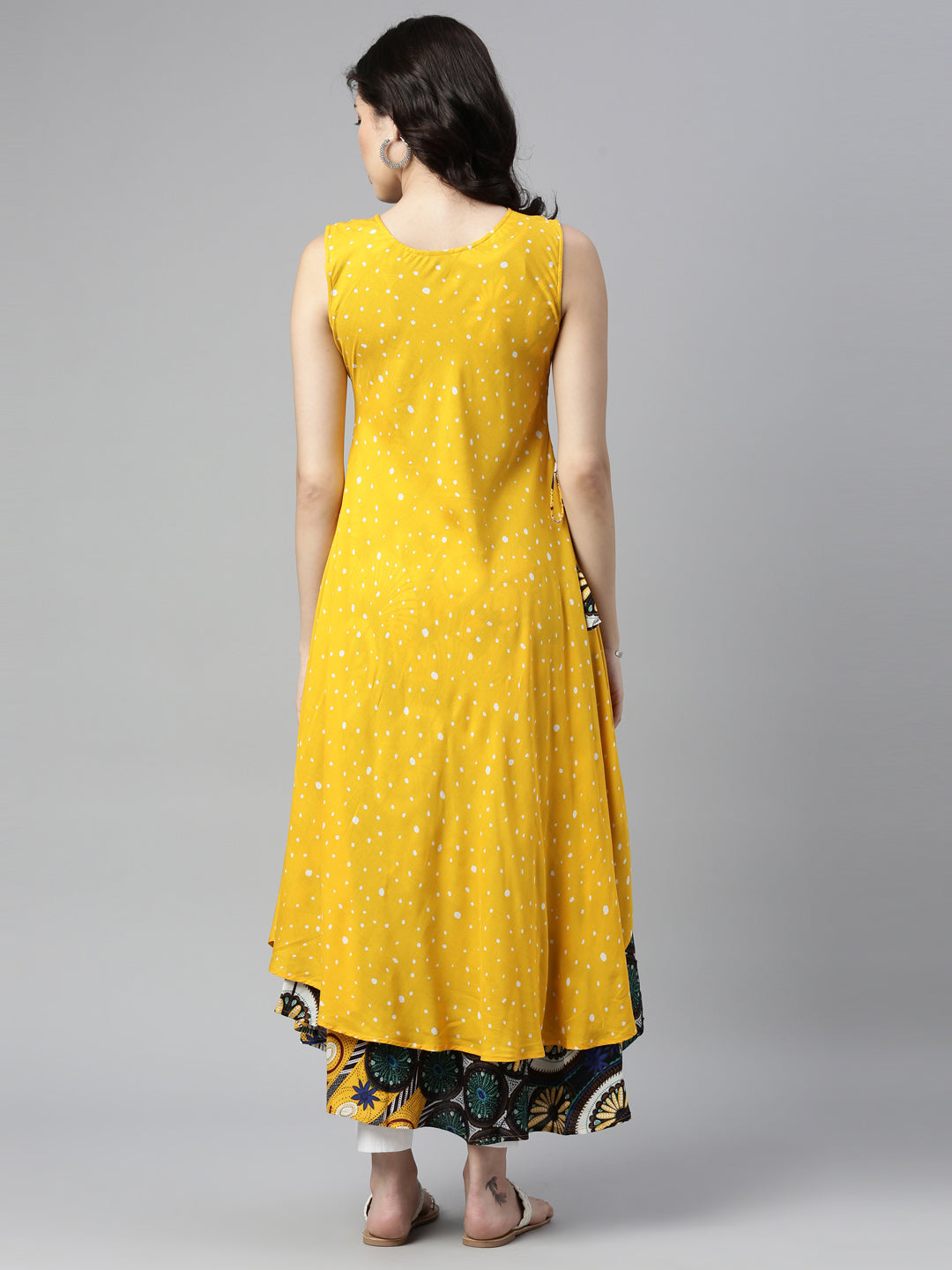 Neerus Yellow rayon mirror work A-line kurti - back view