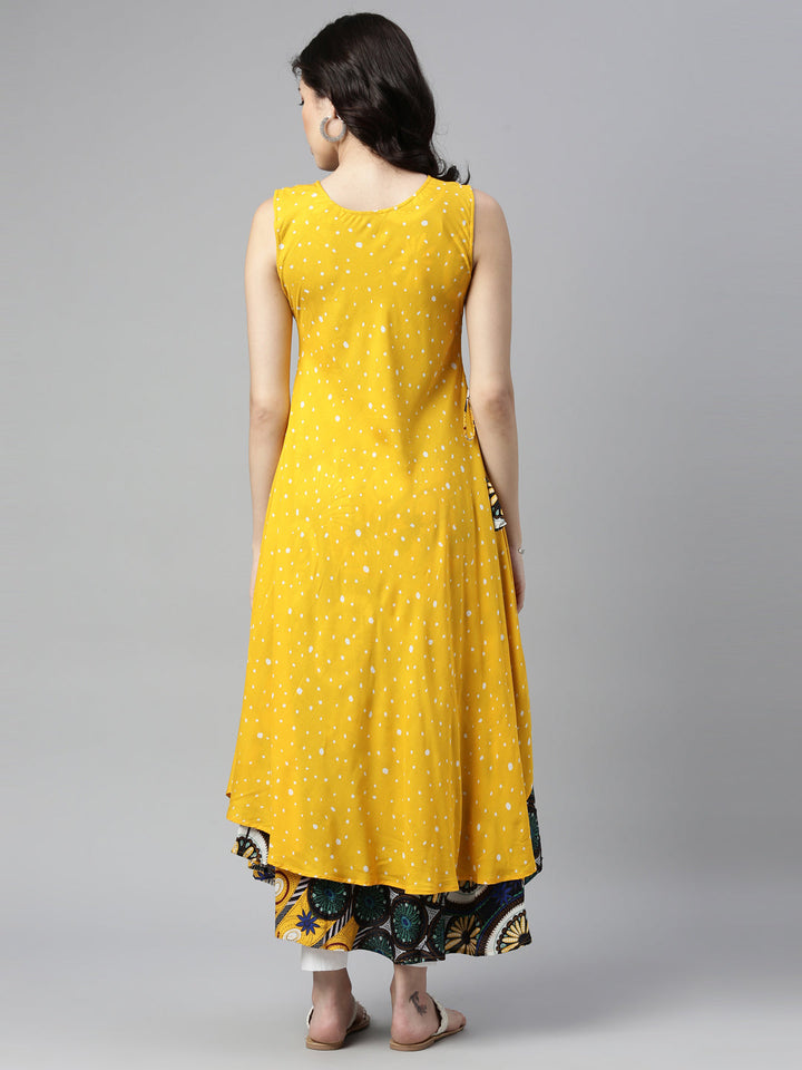 Neerus Yellow rayon mirror work A-line kurti - back view
