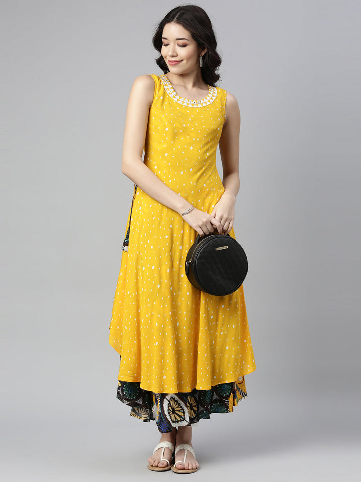 Neerus Yellow rayon mirror work A-line kurti - detail view 1