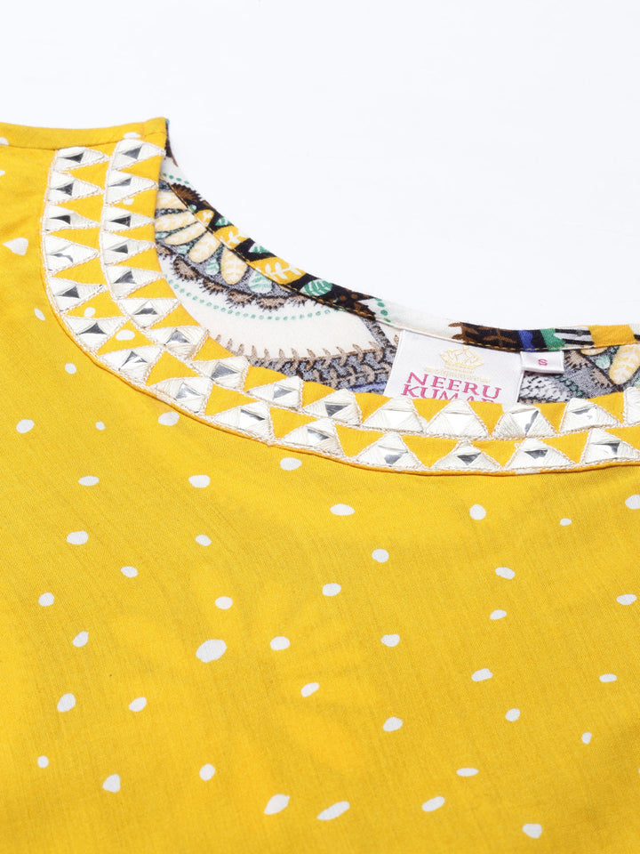 Neerus Yellow rayon mirror work A-line kurti - detail view 2