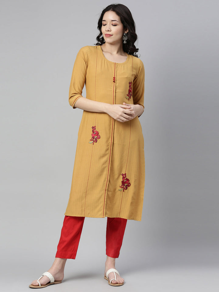 Neerus Yellow Rayon Embellished Straight Kurta - detail view 4