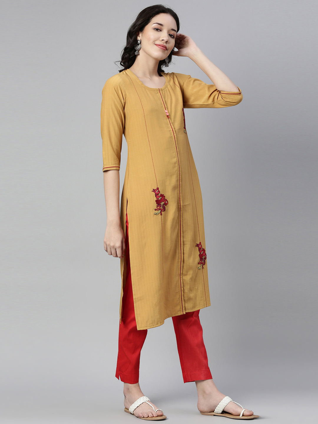 Neerus Yellow Rayon Embellished Straight Kurta - front view