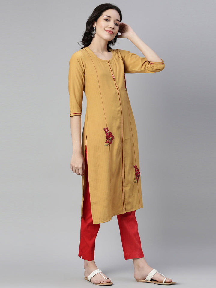 Neerus Yellow Rayon Embellished Straight Kurta - front view