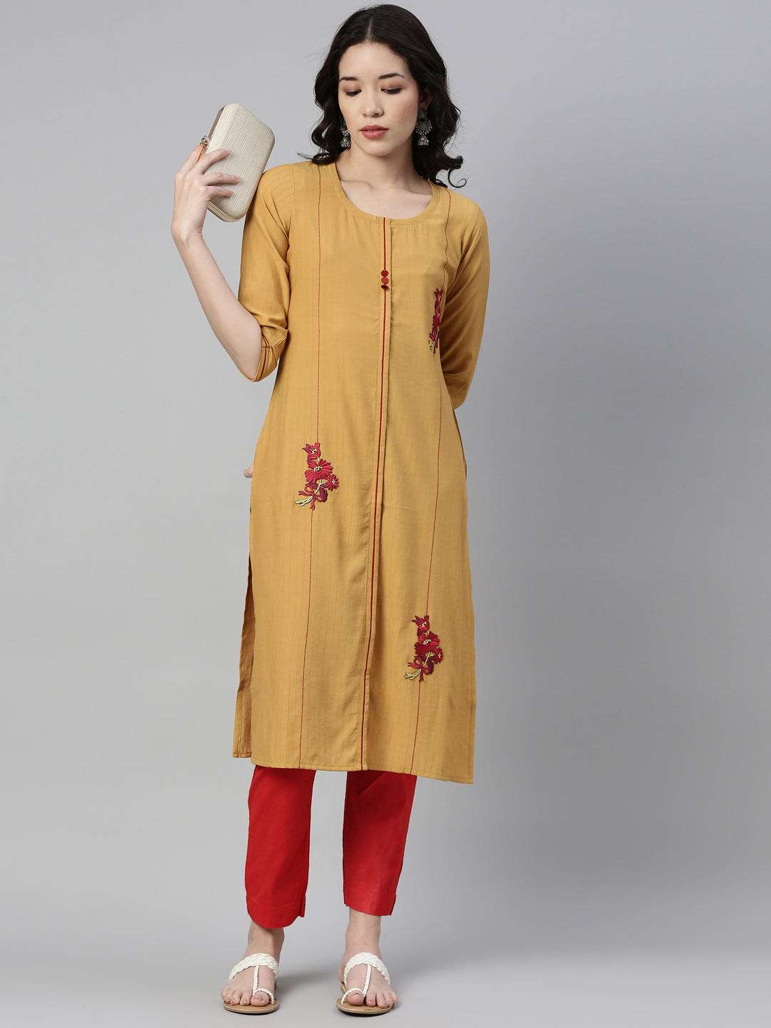 Neerus Yellow Rayon Embellished Straight Kurta - detail view 1