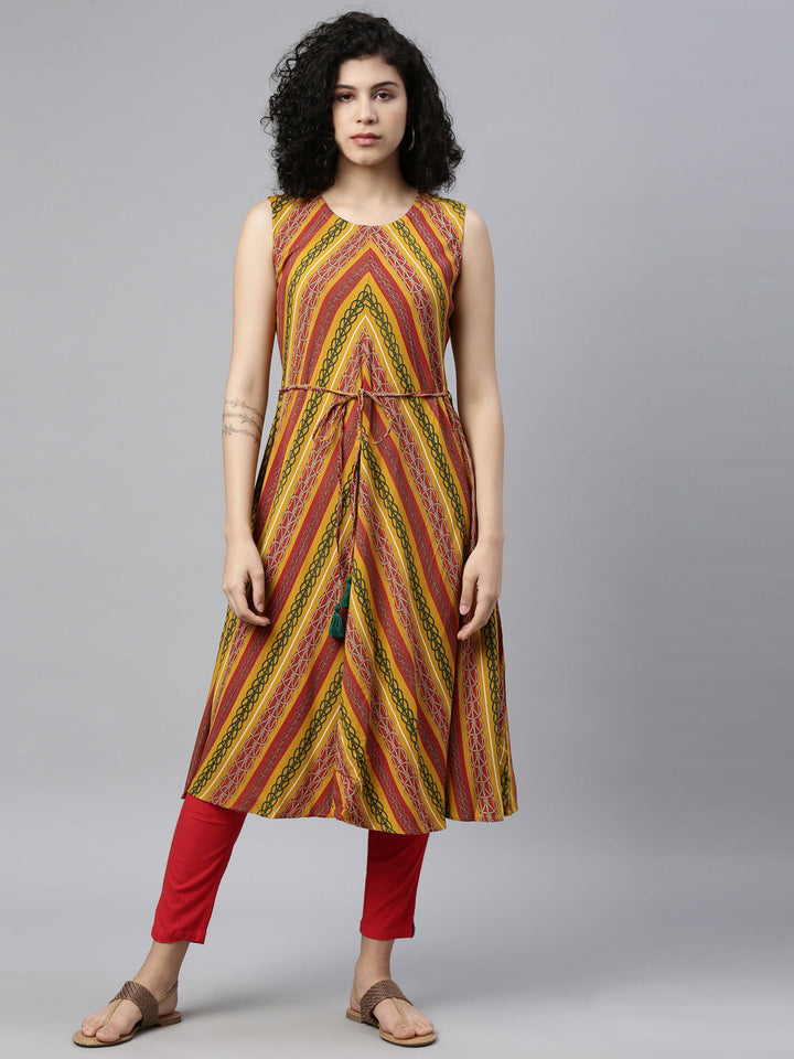Neerus Yellow rayon printed A-Line kurti - detail view 5