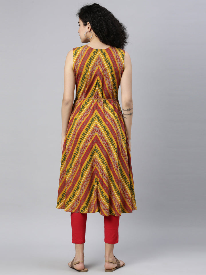 Neerus Yellow rayon printed A-Line kurti - back view