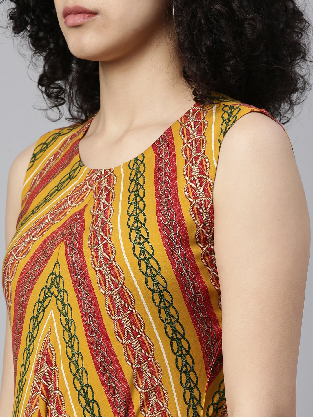 Neerus Yellow rayon printed A-Line kurti - side view