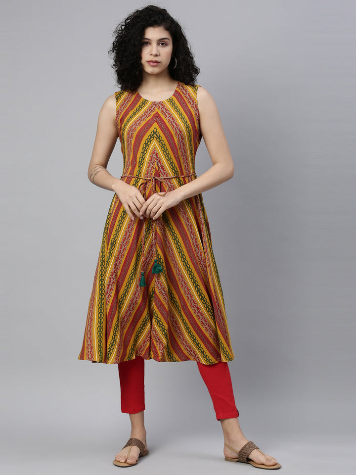 Neerus Yellow rayon printed A-Line kurti - detail view 1