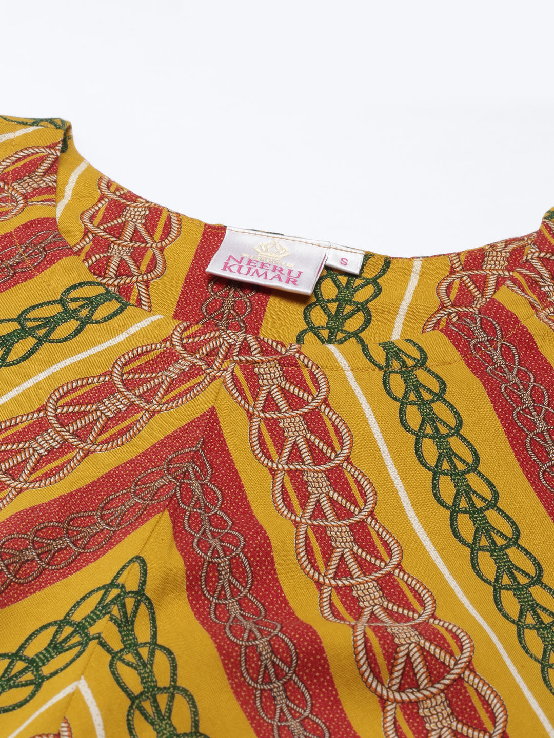 Neerus Yellow rayon printed A-Line kurti - detail view 3