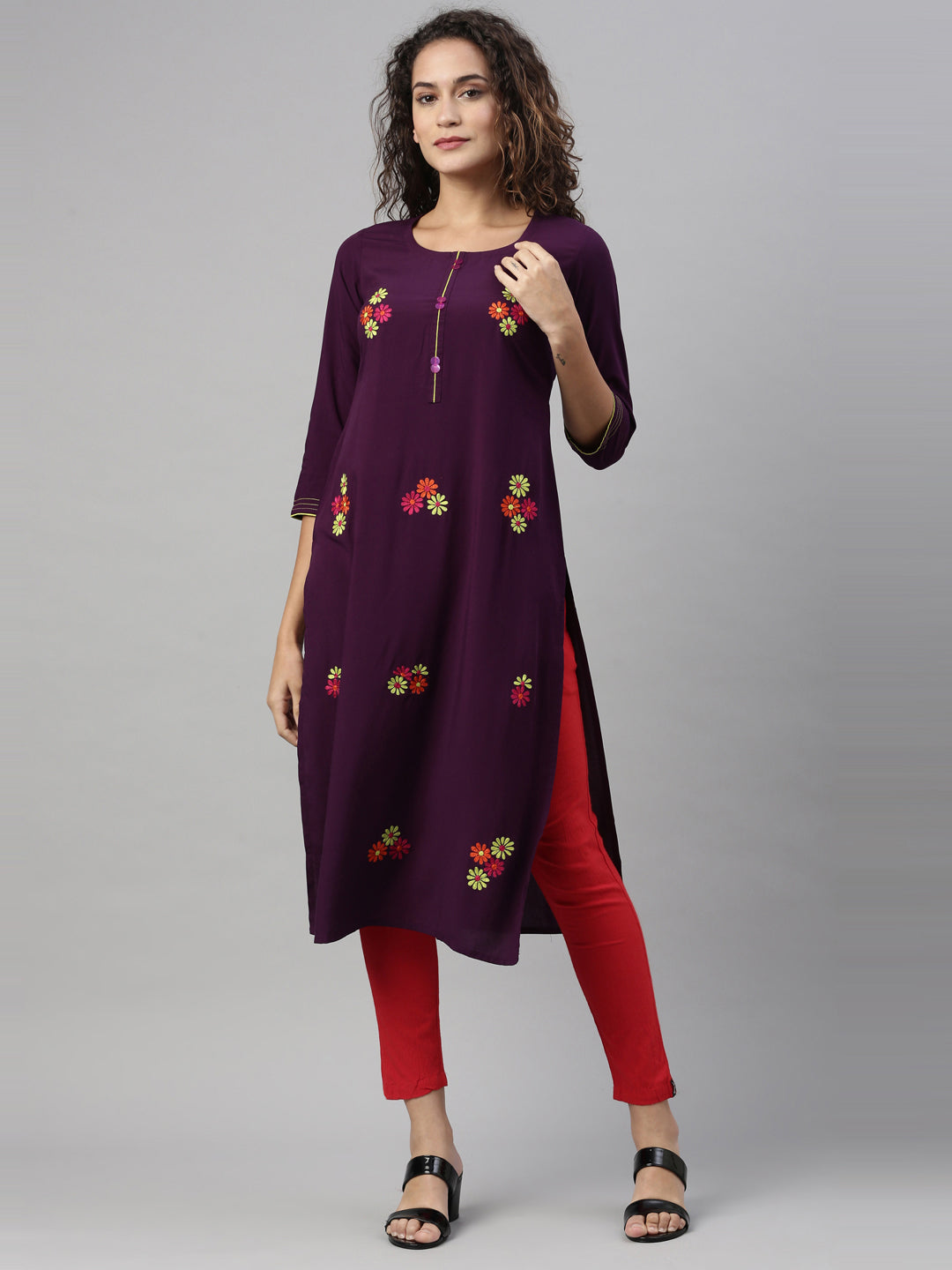 Neerus Purple rayon hand embroidered kurta - detail view 4
