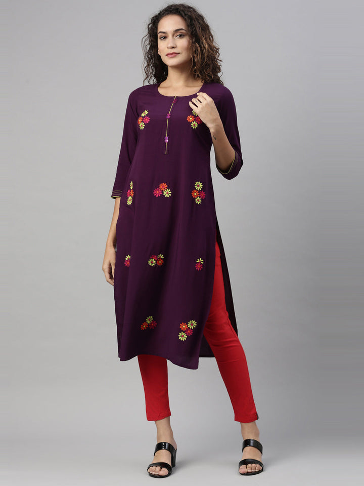 Neerus Purple rayon hand embroidered kurta - detail view 4