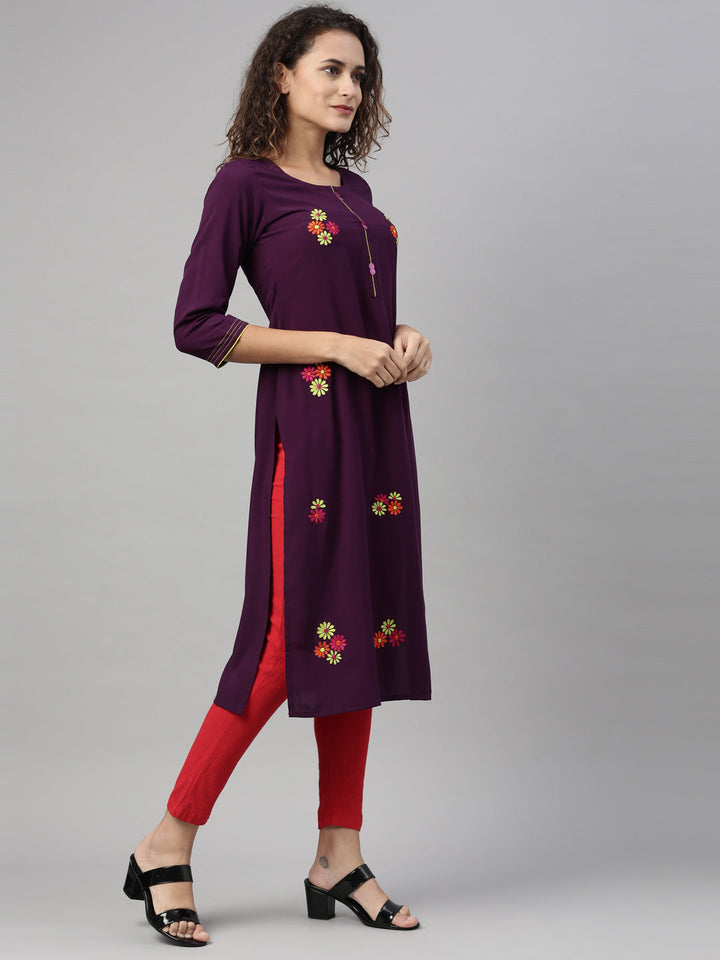 Neerus Purple rayon hand embroidered kurta - front view