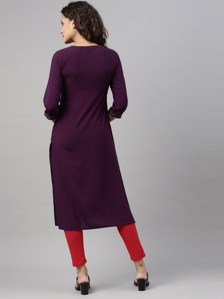 Neerus Purple rayon hand embroidered kurta - back view