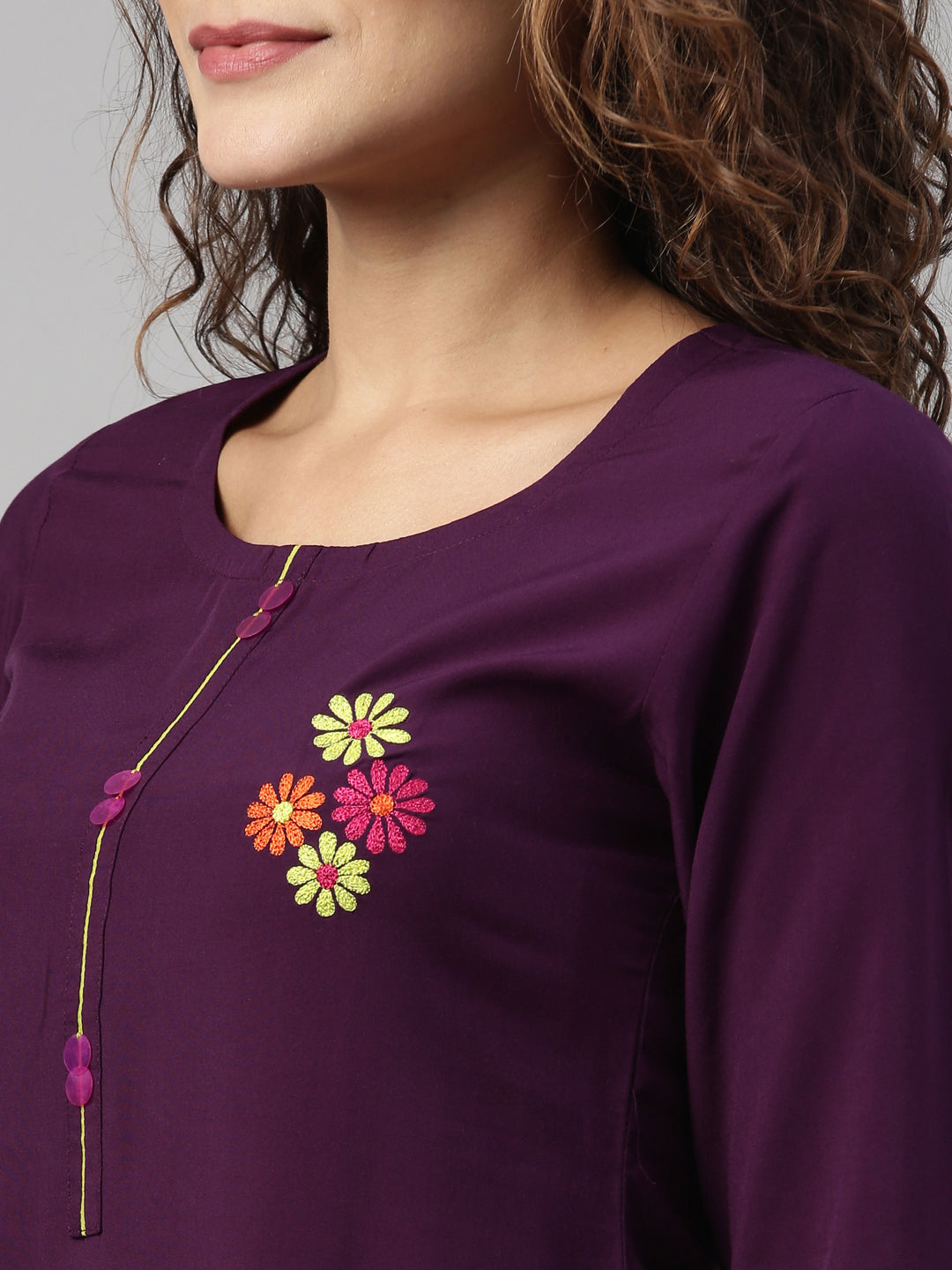 Neerus Purple rayon hand embroidered kurta - side view