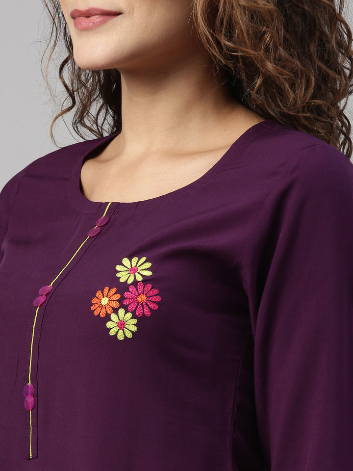 Neerus Purple rayon hand embroidered kurta - side view