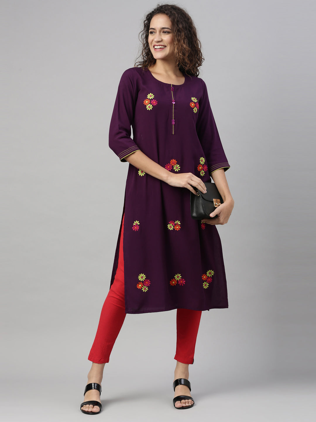 Neerus Purple rayon hand embroidered kurta - detail view 1