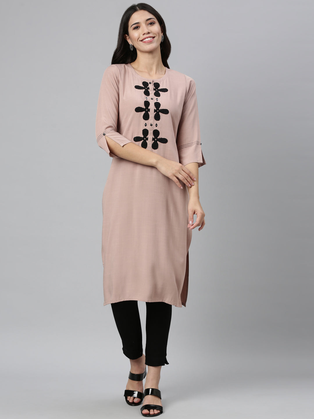 Neerus Beige rayon thread embroidered kurta - detail view 5