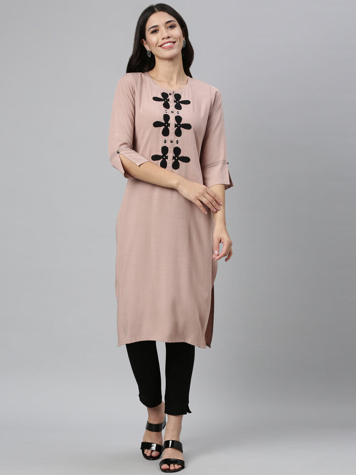 Neerus Beige rayon thread embroidered kurta - detail view 5