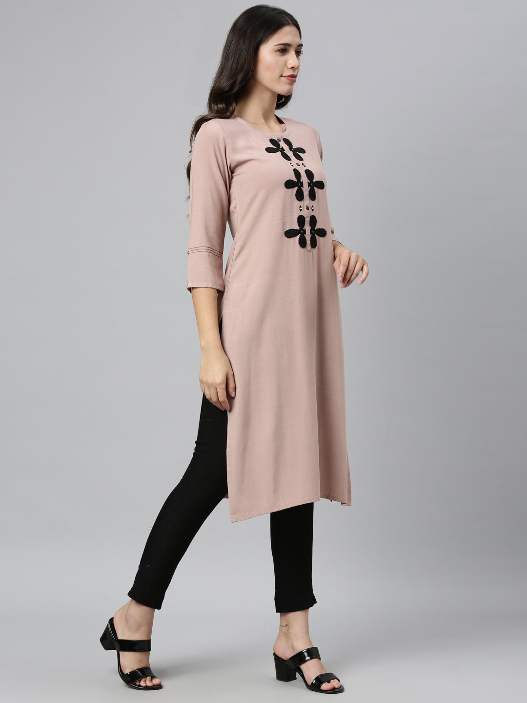 Neerus Beige rayon thread embroidered kurta - front view