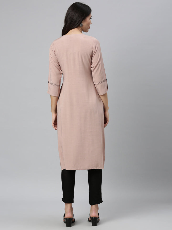 Neerus Beige rayon thread embroidered kurta - back view
